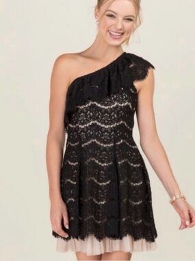 Francesca's One-Shoulder Black Lace Ruffle Dress
